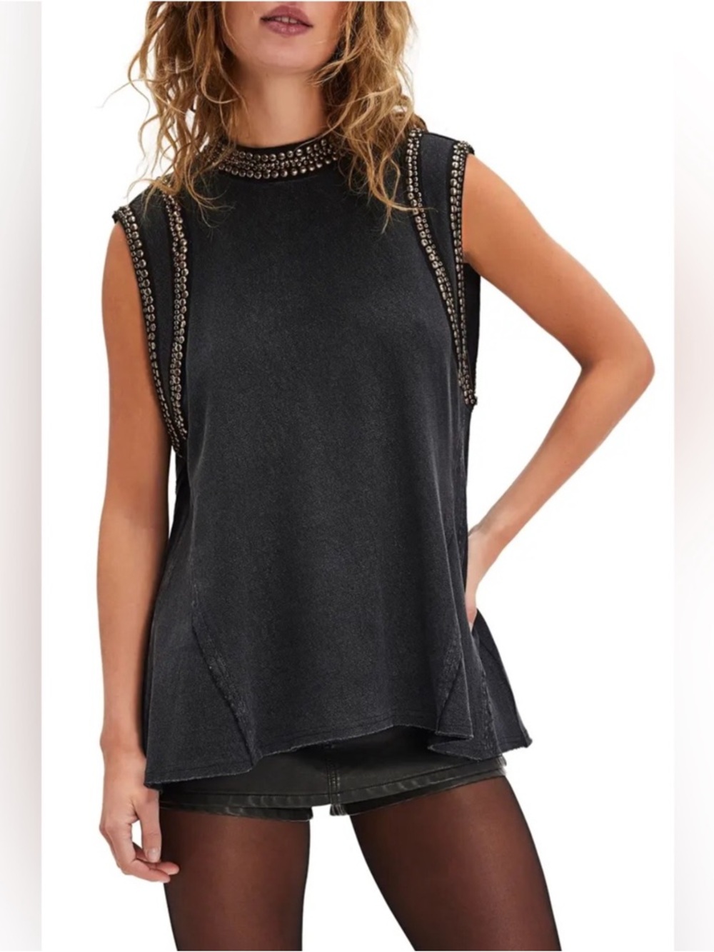 Free People Washed Black Ria Studded Sleeveless Top Size Large Best Seller